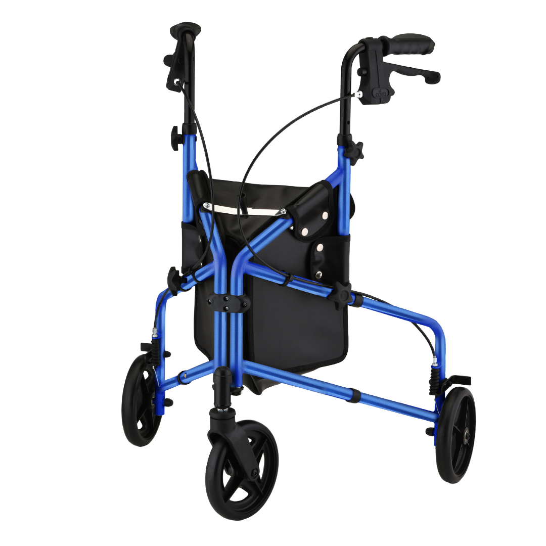 The Nova Active Lightweight 3-Wheel Rollator is a blue mobility aid with black handles, front and rear wheels, and a central storage pouch, designed to provide lightweight support.